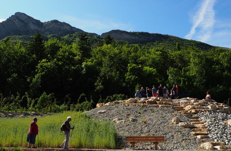 Jardin alpin de Gap-Charance - prairie, champ cultivé, eboulis, rochers et vue sur la montagne de Charance