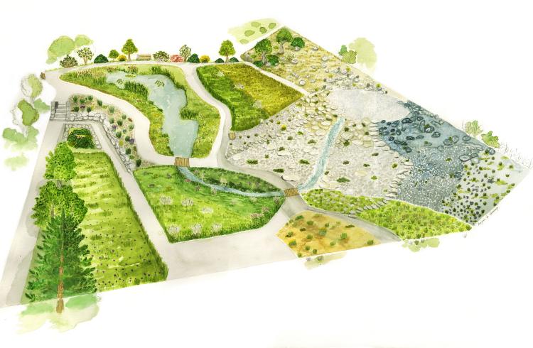 Aquarelle du Jardin alpin de Gap-Charance - vue du jardin en aquarelle